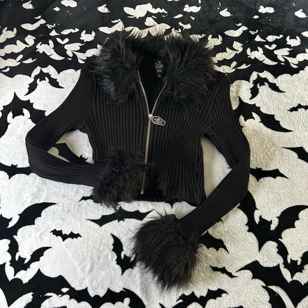 Grave Girls Black Faux Fur Trimmed Jacket size S (slightly damaged cuff!)